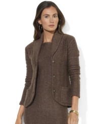 Lauren Ralph Lauren's chic shawl-collar cardigan is designed in a cozy cashmere-and-wool herringbone for stylish heritage appeal. Lauren Ralph Lauren's chic shawl-collar cardigan is designed in a cozy cashmere-and-wool herringbone for stylish heritage appeal.