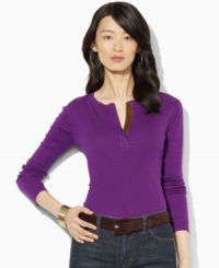 Lauren Jeans Co.'s comfortable split-neck cotton tee receives a modern upgrade from faux-suede accents at the interior and placket. Lauren Jeans Co.'s comfortable split-neck cotton tee receives a modern upgrade from faux-suede accents at the interior and placket.