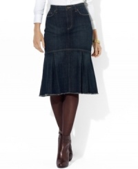 Lauren Jeans Co.'s classic denim skirt receives a flirty twist from a flared, pleated hem.