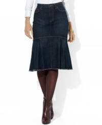 Lauren Jeans Co.'s classic denim skirt receives a flirty twist from a flared, pleated hem. Lauren Jeans Co.'s classic denim skirt receives a flirty twist from a flared, pleated hem.