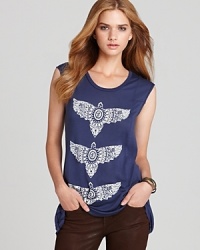 A trio of masterfully illustrated Aztec birds spread their wings upon this soft new Lauren Moshi tee--it's an instant conversation starter. A trio of masterfully illustrated Aztec birds spread their wings upon this soft new Lauren Moshi tee--it's an instant conversation starter.