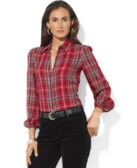 Lauren Jeans Co.'s rugged plaid twill shirt is finished with delicate puffed sleeves for a feminine twist on a classic. Lauren Jeans Co.'s rugged plaid twill shirt is finished with delicate puffed sleeves for a feminine twist on a classic.