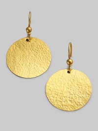 Richly textured discs of hammered 24k gold swing from graceful golden beads. 24k yellow gold Diameter, about 1 Ear wire Imported
