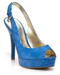 Bright cobalt gets a snakeskin-embossed treatment on the GUESS Pallavi platforms--an effortless ticket to quick and easy color. Bright cobalt gets a snakeskin-embossed treatment on the GUESS Pallavi platforms--an effortless ticket to quick and easy color.