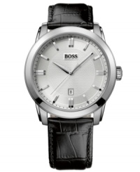 Stunning simplicity, by Hugo Boss. The luxe combo of black and silver is on display with this handsome dress watch. Stunning simplicity, by Hugo Boss. The luxe combo of black and silver is on display with this handsome dress watch.