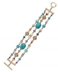 Glass pearls and reconstituted turquoise beads add an elegant finish to this three-row bracelet from Lauren Ralph Lauren. Ring and toggle closure. Crafted in 14k gold-plated mixed metal. Approximate length: 7-1/2 inches. Glass pearls and reconstituted turquoise beads add an elegant finish to this three-row bracelet from Lauren Ralph Lauren. Ring and toggle closure. Crafted in 14k gold-plated mixed metal. Approximate length: 7-1/2 inches.