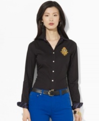Lauren by Ralph Lauren's crisp cotton poplin shirt is accented with rich heritage details, finished with tie-striped silk at the collar and an embroidered crest at the chest. Lauren by Ralph Lauren's crisp cotton poplin shirt is accented with rich heritage details, finished with tie-striped silk at the collar and an embroidered crest at the chest.
