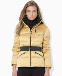 A modernized classic, Lauren Ralph Lauren's mockneck down coat is given a chic belt for a slimming and stylish look. A modernized classic, Lauren Ralph Lauren's mockneck down coat is given a chic belt for a slimming and stylish look.