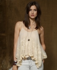Denim & Supply Ralph Lauren's airy camisole embodies casual elegance with its floral lace embroidery, delicate lace trim and draped silhouette. Denim & Supply Ralph Lauren's airy camisole embodies casual elegance with its floral lace embroidery, delicate lace trim and draped silhouette.