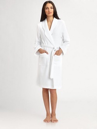 This cozy knit, perfect for after-shower comfort or lounging, feels wonderful against the skin.Patch pockets Waist-cinching self tie About 39½ from shoulder to hem 60% polyester/40% cotton; machine wash Imported This cozy knit, perfect for after-shower comfort or lounging, feels wonderful against the skin.Patch pockets Waist-cinching self tie About 39½ from shoulder to hem 60% polyester/40% cotton; machine wash Imported