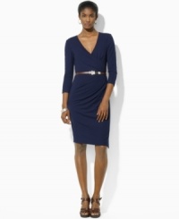 Lauren Ralph Lauren's flattering V-neckline and slender belted waist create a feminine silhouette that will quickly become a go-to essential. Lauren Ralph Lauren's flattering V-neckline and slender belted waist create a feminine silhouette that will quickly become a go-to essential.