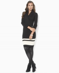 A chic shawl collar lends an extra-cozy feel to a long-sleeved petite sweater dress, crafted from a soft cotton blend with an embossed signature buckle at the waist. A chic shawl collar lends an extra-cozy feel to a long-sleeved petite sweater dress, crafted from a soft cotton blend with an embossed signature buckle at the waist.