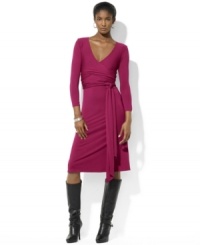 Lauren Ralph Lauren's slim-fitting wrap dress is crafted from breathable stretch jersey for an indulgent combination of comfort and style. (Clearance) Lauren Ralph Lauren's slim-fitting wrap dress is crafted from breathable stretch jersey for an indulgent combination of comfort and style. (Clearance)