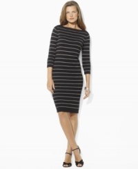 Lauren Ralph Lauren's lightweight cotton-blend boatneck dress is luxuriously updated with allover Lurex® stripes for a glamorous feel. Lauren Ralph Lauren's lightweight cotton-blend boatneck dress is luxuriously updated with allover Lurex® stripes for a glamorous feel.