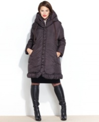 Tahari's plus size puffer coat looks extra plush with a soft pillow collar and ruched details. Tahari's plus size puffer coat looks extra plush with a soft pillow collar and ruched details.