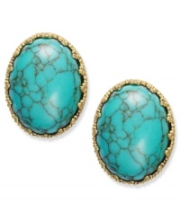 Vintage appeal for the modern woman. Reconstituted turquoise is set in a textured bezel in these oval-shaped earrings from Lauren Ralph Lauren. Clip-on backing for non-pierced ears. Crafted in gold tone mixed metal. Approximate drop: 3/4 inch. Vintage appeal for the modern woman. Reconstituted turquoise is set in a textured bezel in these oval-shaped earrings from Lauren Ralph Lauren. Clip-on backing for non-pierced ears. Crafted in gold tone mixed metal. Approximate drop: 3/4 inch.