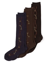 Rein in sock style with Lauren Ralph Lauren's equestrian-print knee-highs. Rein in sock style with Lauren Ralph Lauren's equestrian-print knee-highs.