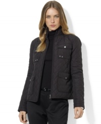 Lauren Ralph Lauren's lightweight barn jacket boasts an elegant quilted silhouette and is finished with a mockneck collar and chic hardware for a classic, cold weather look. Lauren Ralph Lauren's lightweight barn jacket boasts an elegant quilted silhouette and is finished with a mockneck collar and chic hardware for a classic, cold weather look.