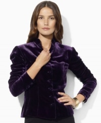 Lauren Ralph Lauren's lustrous velvet jacket is designed with a military-inspired buttoned placket and elegant puffed sleeves. Lauren Ralph Lauren's lustrous velvet jacket is designed with a military-inspired buttoned placket and elegant puffed sleeves.