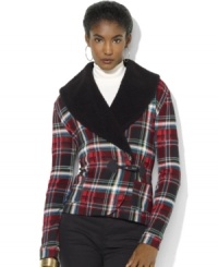Rendered in soft fleece, Lauren Ralph Lauren's unique topper is crafted with faux- shearling at the neckline and an elegant toggle closure. Rendered in soft fleece, Lauren Ralph Lauren's unique topper is crafted with faux- shearling at the neckline and an elegant toggle closure.