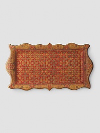 Ceramic platter with handpainted pattern inspired by a Tabriz rug, rich in warm colors and finished with 14K gold filet rim.8W X 16L Hand wash Made in Portugal Ceramic platter with handpainted pattern inspired by a Tabriz rug, rich in warm colors and finished with 14K gold filet rim.8W X 16L Hand wash Made in Portugal