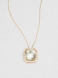 A faceted, cushion-cut green envy topaz stone surrounded by dazzling white sapphires set in 14k gold on a delicate link chain. Green envy topazWhite sapphire14k goldLength, about 16Pendant size, about .3 Spring ring closureMade in USA A faceted, cushion-cut green envy topaz stone surrounded by dazzling white sapphires set in 14k gold on a delicate link chain. Green envy topazWhite sapphire14k goldLength, about 16Pendant size, about .3 Spring ring closureMade in USA
