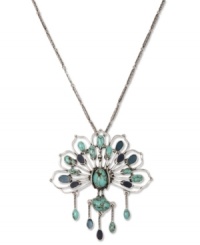 Show off your fashion sense with this eye-catching peacock pendant from Lucky Brand. Dressed up in semi-precious turquoise stones in a shiny, silver setting, it's the perfect statement piece of the season. Approximate length: 26-1/2 inches. Approximate drop: 4-1/2 inches. Show off your fashion sense with this eye-catching peacock pendant from Lucky Brand. Dressed up in semi-precious turquoise stones in a shiny, silver setting, it's the perfect statement piece of the season. Approximate length: 26-1/2 inches. Approximate drop: 4-1/2 inches.