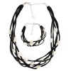 Layered Bobbi Leather Suede and Pearl Necklace and Bracelet Set in Black Suede with White pearls