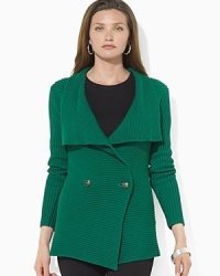 Knit of soft cotton yarns, a chic cardigan is crafted with a wide draped neckline for dramatic styling. Knit of soft cotton yarns, a chic cardigan is crafted with a wide draped neckline for dramatic styling.