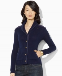 Lauren Ralph Lauren's soft combed petite cotton cardigan is finished with twill trim at the placket and an anchor patch at the shoulder for nautical style. Lauren Ralph Lauren's soft combed petite cotton cardigan is finished with twill trim at the placket and an anchor patch at the shoulder for nautical style.