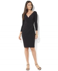 Lauren Ralph Lauren's sleek matte jersey dress is crafted with chic draping at the bodice to create a figure-flattering silhouette. Lauren Ralph Lauren's sleek matte jersey dress is crafted with chic draping at the bodice to create a figure-flattering silhouette.