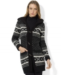 Lauren Ralph Lauren's cozy lambswool-blend sweater is crafted with a plush faux-shearling-lined hood for luxurious style. Lauren Ralph Lauren's cozy lambswool-blend sweater is crafted with a plush faux-shearling-lined hood for luxurious style.