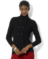 Lauren Ralph Lauren's cozy knit cardigan is inspired by classic tailored pieces and rendered in a chic double-breasted silhouette with embossed buttons. Lauren Ralph Lauren's cozy knit cardigan is inspired by classic tailored pieces and rendered in a chic double-breasted silhouette with embossed buttons.