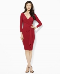 The perfect mix of comfort and style, Lauren Ralph Lauren's feminine dress is crafted from stretch matte jersey with a flirty surplice neckline and cascading ruffle at the front. The perfect mix of comfort and style, Lauren Ralph Lauren's feminine dress is crafted from stretch matte jersey with a flirty surplice neckline and cascading ruffle at the front.