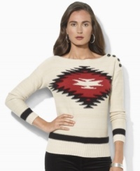 Lauren Ralph Lauren's soft knit petite sweater is crafted with a Southwestern-inspired pattern at the front and rustic buttons at the shoulder. Lauren Ralph Lauren's soft knit petite sweater is crafted with a Southwestern-inspired pattern at the front and rustic buttons at the shoulder.
