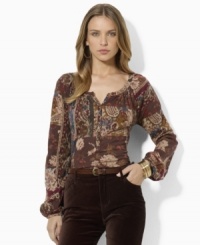 Antiqued brass buttons lend romantic flair to Lauren Ralph Lauren's light and airy cotton jersey petite peasant top. Antiqued brass buttons lend romantic flair to Lauren Ralph Lauren's light and airy cotton jersey petite peasant top.