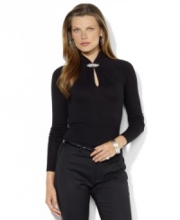 Lauren Ralph Lauren's luxurious blend of silk and cotton yarns forms the foundation of this elegant keyhole petite sweater, crafted with a chic gathered neckline and accented with glistening embroidery. Lauren Ralph Lauren's luxurious blend of silk and cotton yarns forms the foundation of this elegant keyhole petite sweater, crafted with a chic gathered neckline and accented with glistening embroidery.