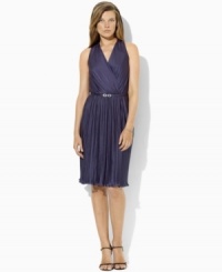 A dramatic V-neckline imparts feminine allure to Lauren Ralph Lauren's silky petite jersey dress with polished pleats, creating an unparalleled evening stapl A dramatic V-neckline imparts feminine allure to Lauren Ralph Lauren's silky petite jersey dress with polished pleats, creating an unparalleled evening stapl