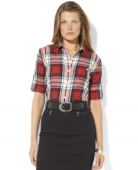 Rendered in soft cotton flannel, Lauren Ralph Lauren's chic petite shirt is finished with a crisp plaid pattern and optional rolled cuffs for versatile style. Rendered in soft cotton flannel, Lauren Ralph Lauren's chic petite shirt is finished with a crisp plaid pattern and optional rolled cuffs for versatile style.