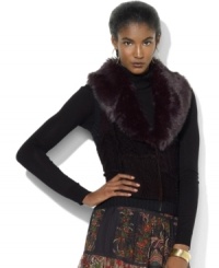A superbly soft faux-beaver trim glamorously accents Lauren Ralph Lauren's chic petite knit vest with a timeless patchwork pattern. A superbly soft faux-beaver trim glamorously accents Lauren Ralph Lauren's chic petite knit vest with a timeless patchwork pattern.