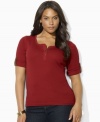 Chic roll-tab sleeves and supple faux-suede accents give a luxe update to Lauren Ralph Lauren's classic ribbed-knit cotton plus size Henley. (Clearance)