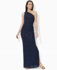 Glistening sequins and a romantic lace overlay lend timeless femininity to the exquisite Lauren by Ralph Lauren dress, tailored in a floor-skimming one-shoulder silhouette for a glamorous look. Glistening sequins and a romantic lace overlay lend timeless femininity to the exquisite Lauren by Ralph Lauren dress, tailored in a floor-skimming one-shoulder silhouette for a glamorous look.