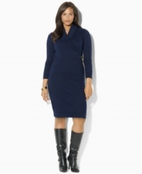 Crafted in soft French terry for effortless style, Lauren Ralph Lauren's chic pullover plus size dress is finished with a shawl collar and faux-leather buckles for a heritage feel. Crafted in soft French terry for effortless style, Lauren Ralph Lauren's chic pullover plus size dress is finished with a shawl collar and faux-leather buckles for a heritage feel.