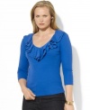 Lauren Ralph Lauren's ribbed cotton plus size top exudes timeless beauty with elegant ruffles along the neckline.