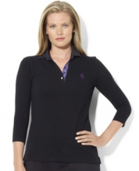 Lauren Ralph Laruen's classic mesh polo shirt is infused with athletic appeal with a microfiber collar and placket. Lauren Ralph Laruen's classic mesh polo shirt is infused with athletic appeal with a microfiber collar and placket.