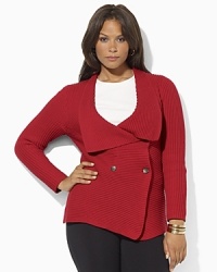 A double-breasted cardigan with an elegantly draped shawl collar creates a flattering silhouette that fastens at the waist with a Lauren Ralph Lauren button. A double-breasted cardigan with an elegantly draped shawl collar creates a flattering silhouette that fastens at the waist with a Lauren Ralph Lauren button.