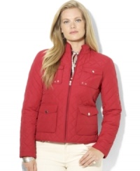 Lauren Ralph Lauren's plus size lightweight barn jacket boasts an elegant quilted silhouette and is finished with a mockneck collar and chic hardware for a classic cold-weather look. Lauren Ralph Lauren's plus size lightweight barn jacket boasts an elegant quilted silhouette and is finished with a mockneck collar and chic hardware for a classic cold-weather look.