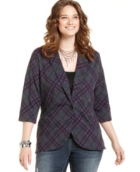 Go mad over plaid in Eyeshadow's single-buttton plus size jacket-- it's a must-get layer for the season! Go mad over plaid in Eyeshadow's single-buttton plus size jacket-- it's a must-get layer for the season!