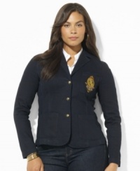 Lauren Ralph Lauren's soft cotton plus size broadcloth shirt is accented with rich heritage details, finished with tie-striped silk at the collar and an embroidered crest at the chest. Lauren Ralph Lauren's soft cotton plus size broadcloth shirt is accented with rich heritage details, finished with tie-striped silk at the collar and an embroidered crest at the chest.