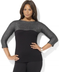 Lauren Ralph Lauren's luxuriously soft plus size sweater with a flattering bateau neckline is accented with a panel of interwoven Lurex at the chest and sleeves for a glamorous update. Lauren Ralph Lauren's luxuriously soft plus size sweater with a flattering bateau neckline is accented with a panel of interwoven Lurex at the chest and sleeves for a glamorous update.